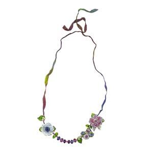 Handmade Lampwork Bead Necklace Pink Purple Flowers Leaves on Rainbow Ribbon